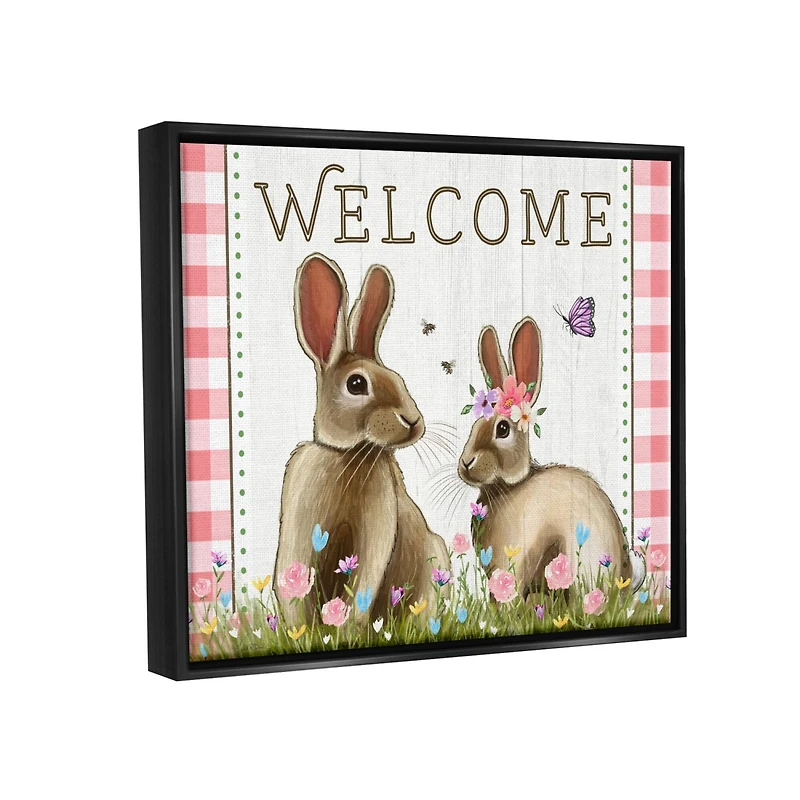 Stupell Industries Welcome Plaid Spring Garden Rabbits Floater Framed Art