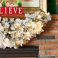 Glitzhome® 36" Pre-Lit Flocked Greenery Pine White Poinsettia & Berry Christmas Swag with Timer