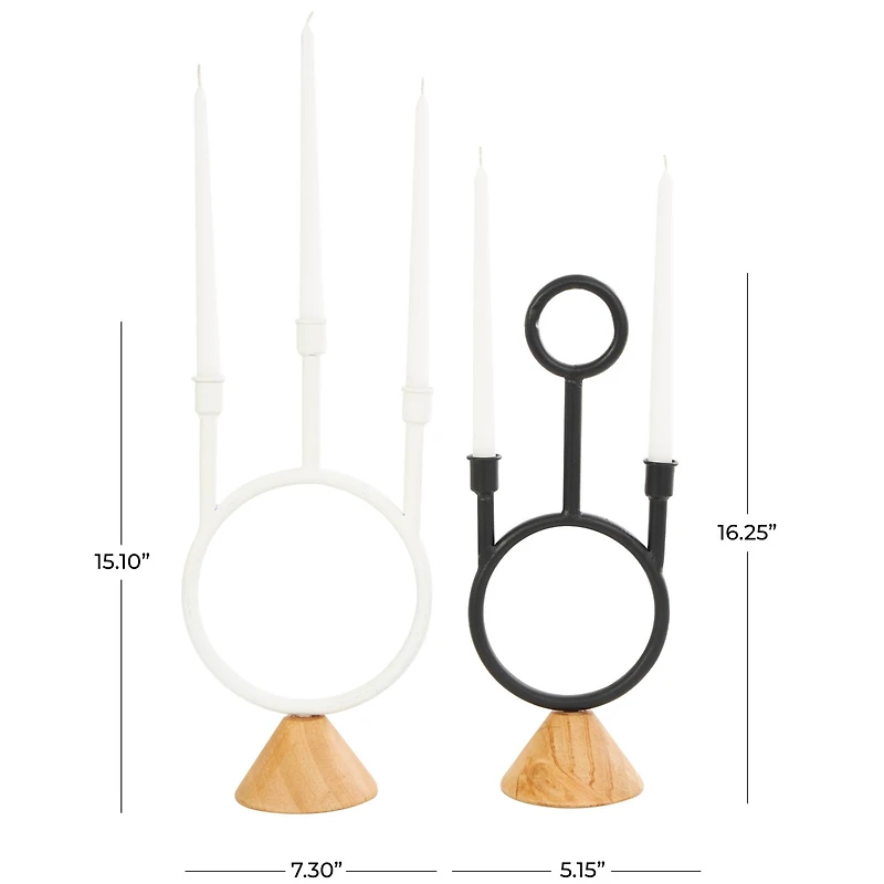 Black & White Metal Abstract Circular Ring Candle Holder with Wooden Cone Bases Set