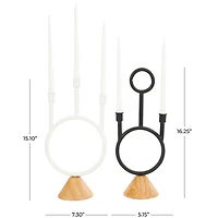 Black & White Metal Abstract Circular Ring Candle Holder with Wooden Cone Bases Set
