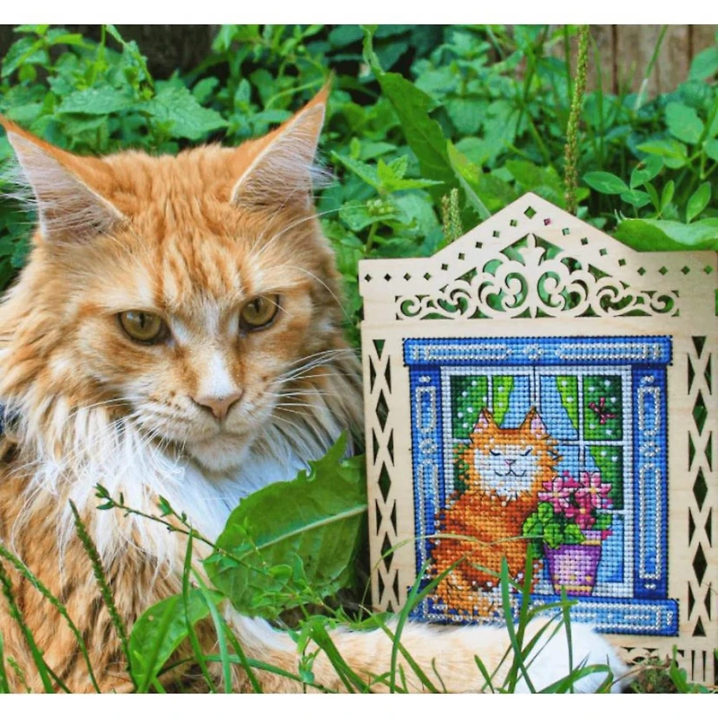 MP Studia Cat In The Window Cross Stitch On Wood Kit