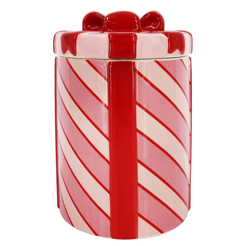8.5" Pink & Red Striped Gift Ceramic Container with Lid by Ashland®