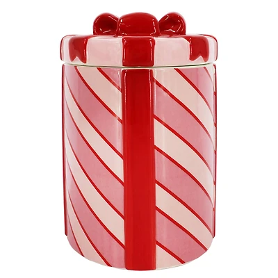 8.5" Pink & Red Striped Gift Ceramic Container with Lid by Ashland®