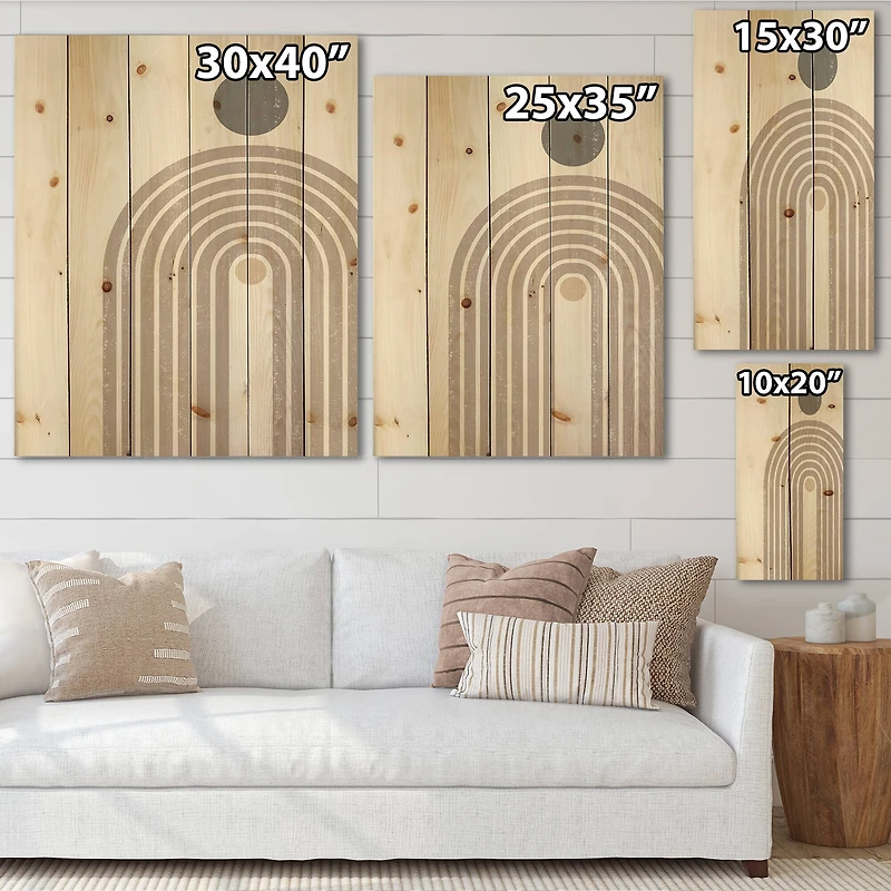 Designart - Abstract Rainbow Sun and Moon In Earth Tones I - Modern Print on Natural Pine Wood