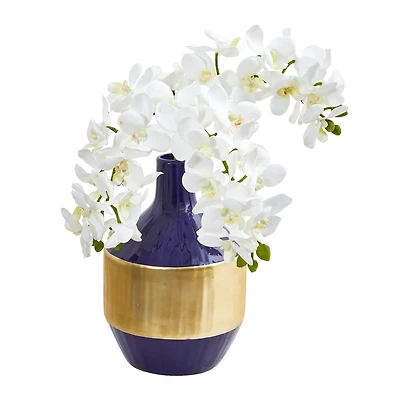 13" Moth Orchid Arrangement in Blue & Gold Vase