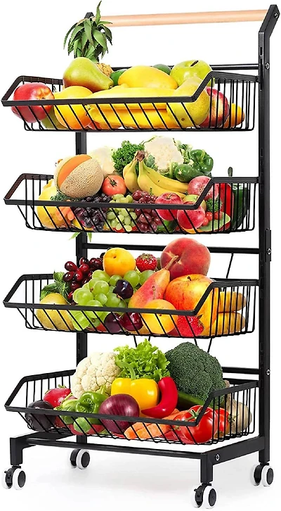 Black 4 Tier Fruit Vegetable Storage Basket Rolling Cart