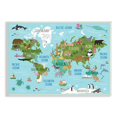 Stupell Industries Kid's Animal World Map Favorite Regional Wildlife Wall Plaque