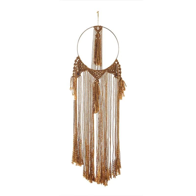 Brown Fabric Intricately Weaved Macrame Wall Decor with Beaded Fringe Tassels 10" x 1" x 38"