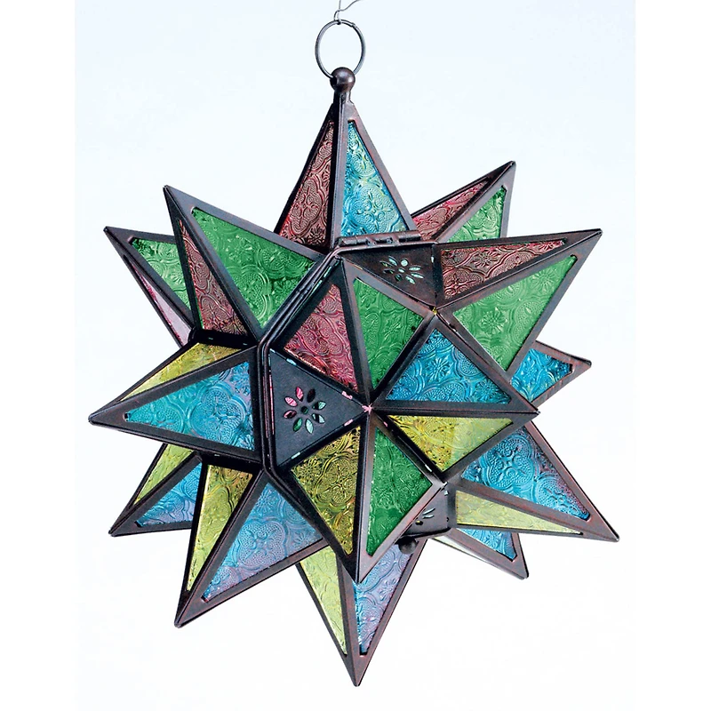14" Jewel Toned Moroccan Style Hanging Star Candle Lantern