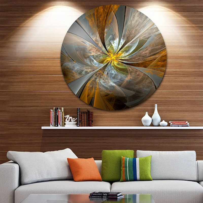 Designart Contemporary Symmetrical Yellow Fractal Flower Large Metal Wall Art Disc