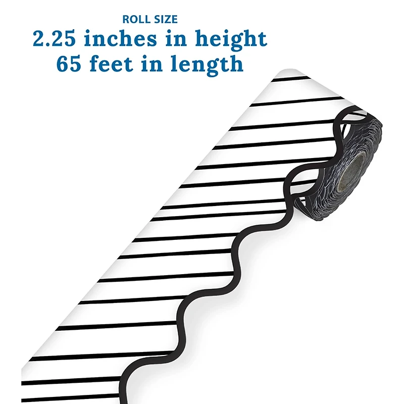 Carson Dellosa® Kind Vibes Black & White Stripes Rolled Scalloped Border, 195ft.