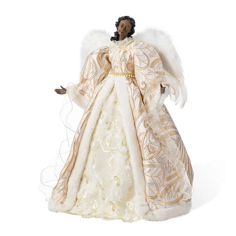 Glitzhome® 24"H Faux Fur & PVC Christmas Elegant African American Angel Tree Topper