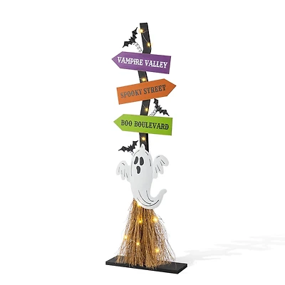 Glitzhome® 41.75"H Lighted Halloween Wooden Ghost's Broom Porch Decor