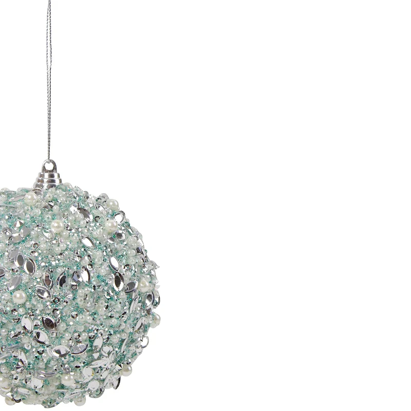 3.5" Green Glitter and White Beads Shatterproof Christmas Ball Ornament