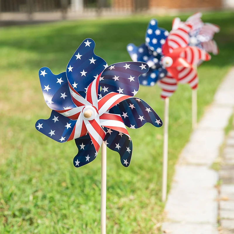 Glitzhome® 32" Plastic Stars & Stripes Patriotic Windmill Set