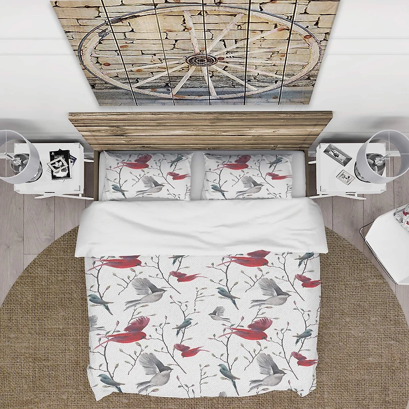 Designart 'Pattern with Birds' Farmhouse Bedding Set