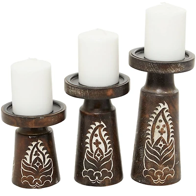 Mango Wood Round Carved Pillar Floral Candle Holder Set
