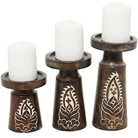 Mango Wood Round Carved Pillar Floral Candle Holder Set