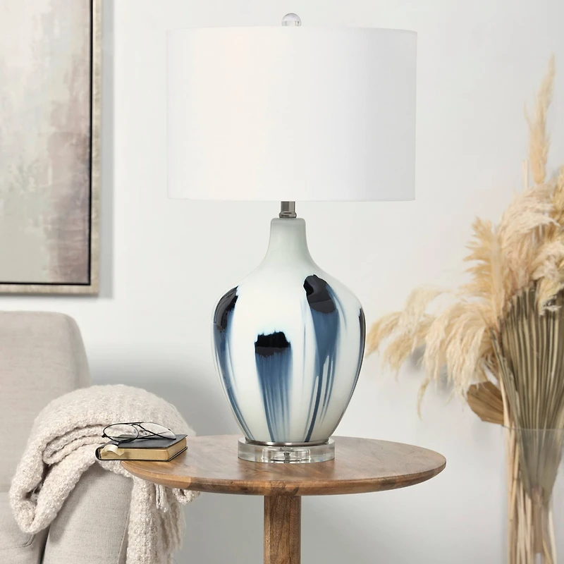 2ft. White Glass Abstract Accent Lamp with Blue Drip Splatter Design