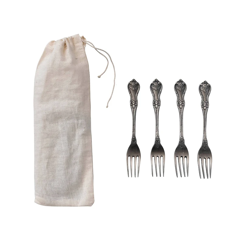 Hello Honey® Antique Silver Embossed Brass Appetizer Forks in Drawstring Bag