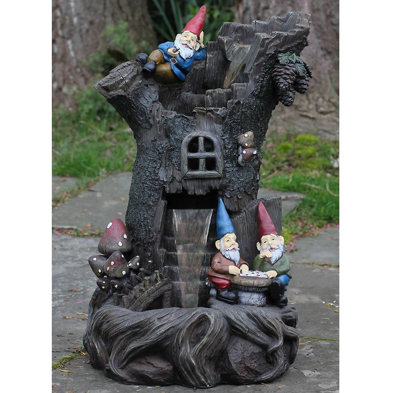 28" Three-Tier Gnome Home Tree Stump Outdoor Patio Garden Water Fountain