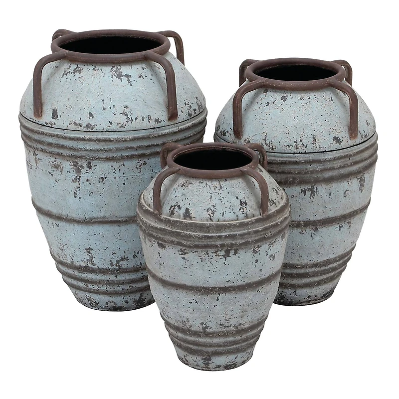 Set of 3 Blue Metal Rustic Vase, 26", 23", 19"