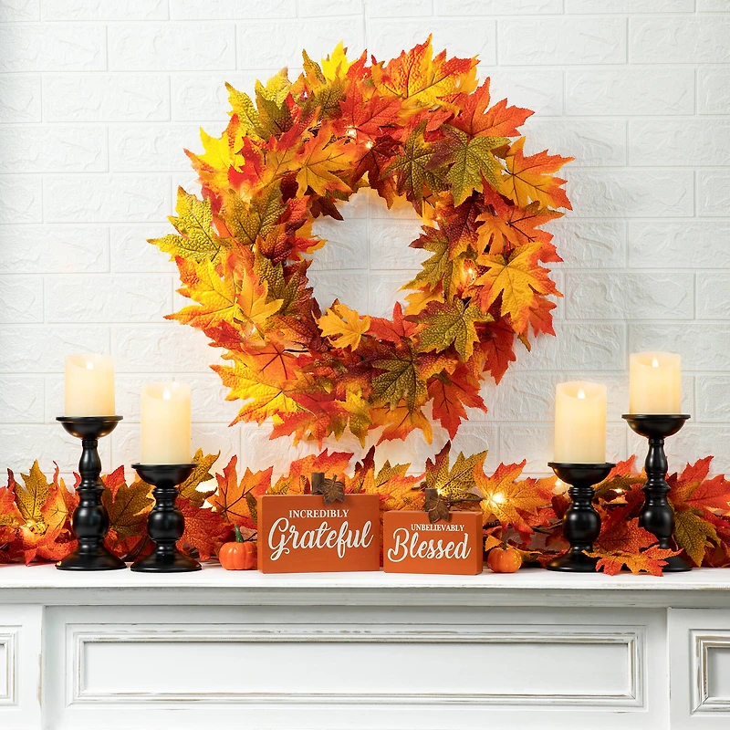 Glitzhome® Lighted Fall Maple Leaves Garland & Wreath Set