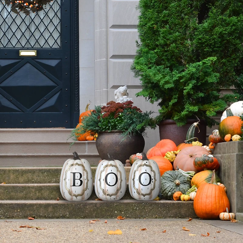13" White Boo Pumpkin Set