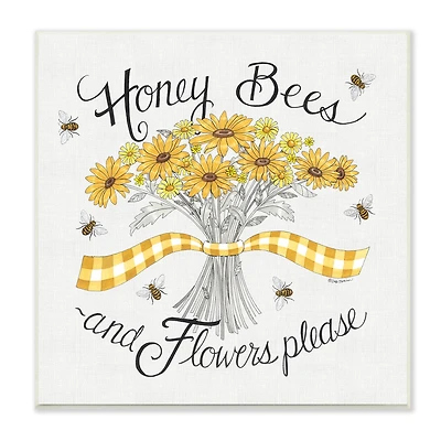 Stupell Industries Honey Bees Flowers Please Phrase Vintage Yellow Daisies,12" x 12"