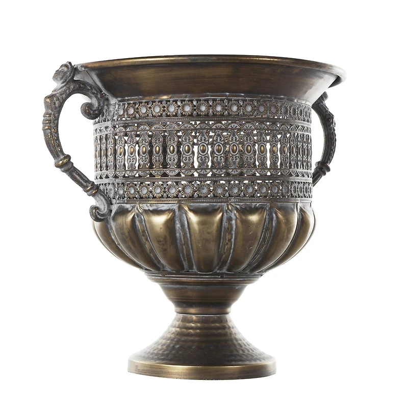 12" Bronze Metal Urn Shaped Vase with Cut Outs