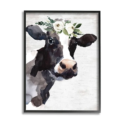 Stupell Industries Dairy Farm Cow Boho Floral Crown Charming Animal Framed Wall Art