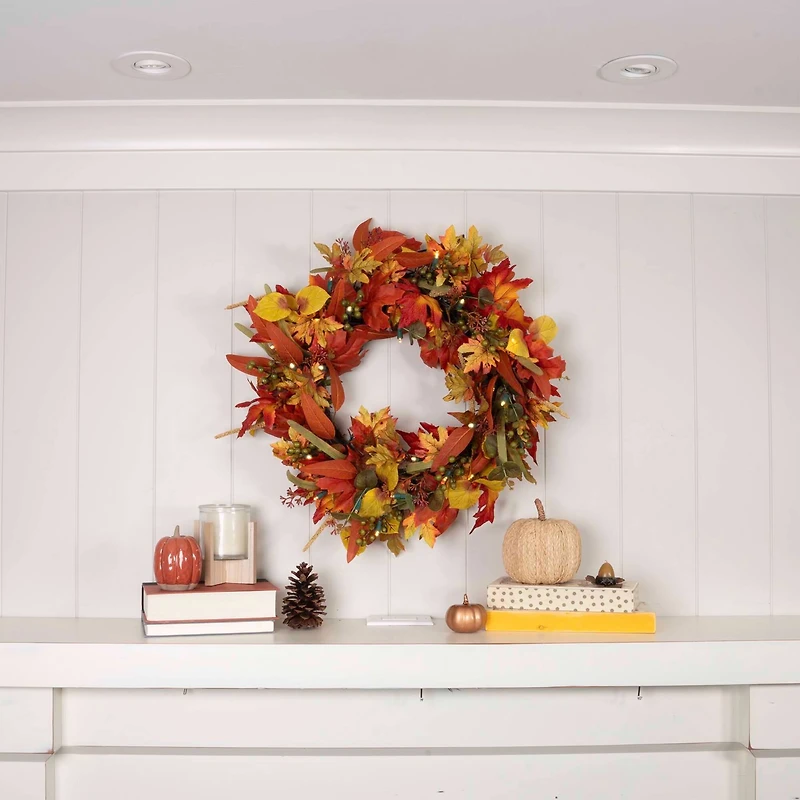 24" Pre-Lit Fall Harvest Leaf Holiday Wreath