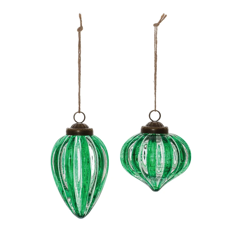 Green Ribbed Crackle Glass Ornament Set