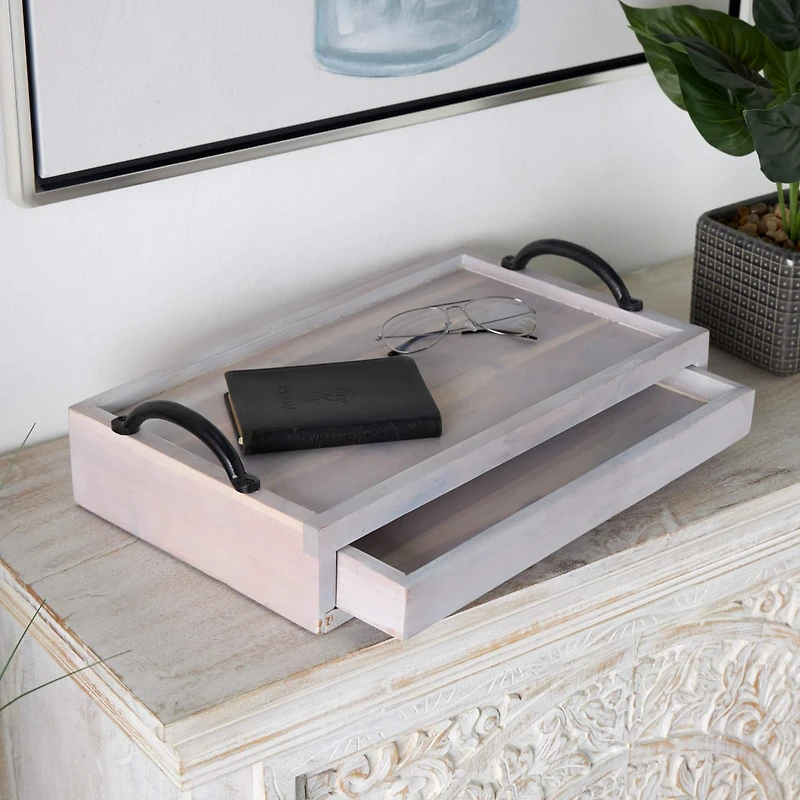 18.25" Wood Hidden Drawer Tray with Black Metal Handles