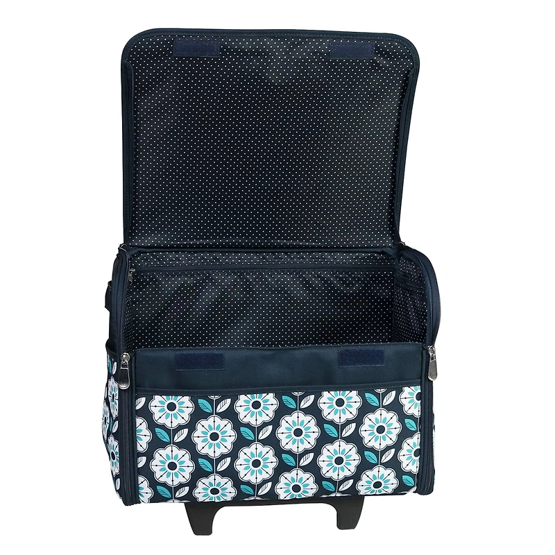 Everything Mary Collapsible Teal Floral Print Rolling Sewing Machine Tote