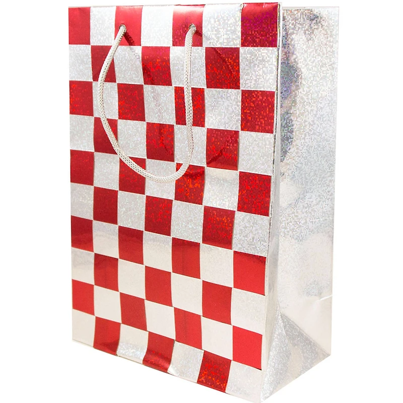 JAM Paper Medium Red & Silver Checkered Gift Bags, 24ct.
