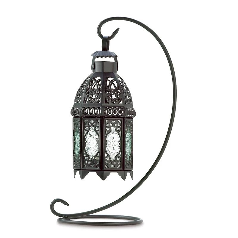 13" Curled Metal Stand with Black Moroccan Candle Lantern
