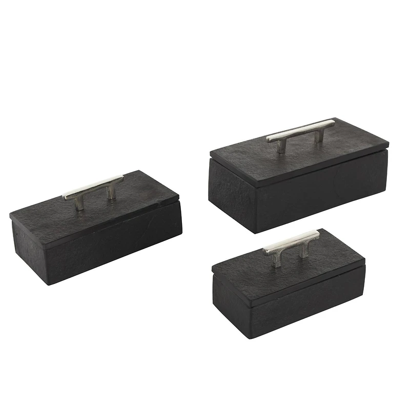 Black Marble Decorative Box with Silver Aluminum Bar Handles, 3ct.