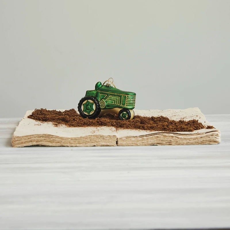 Hello Honey® 4.5" Green Hand-Painted Glass Tractor Ornament with Glitter