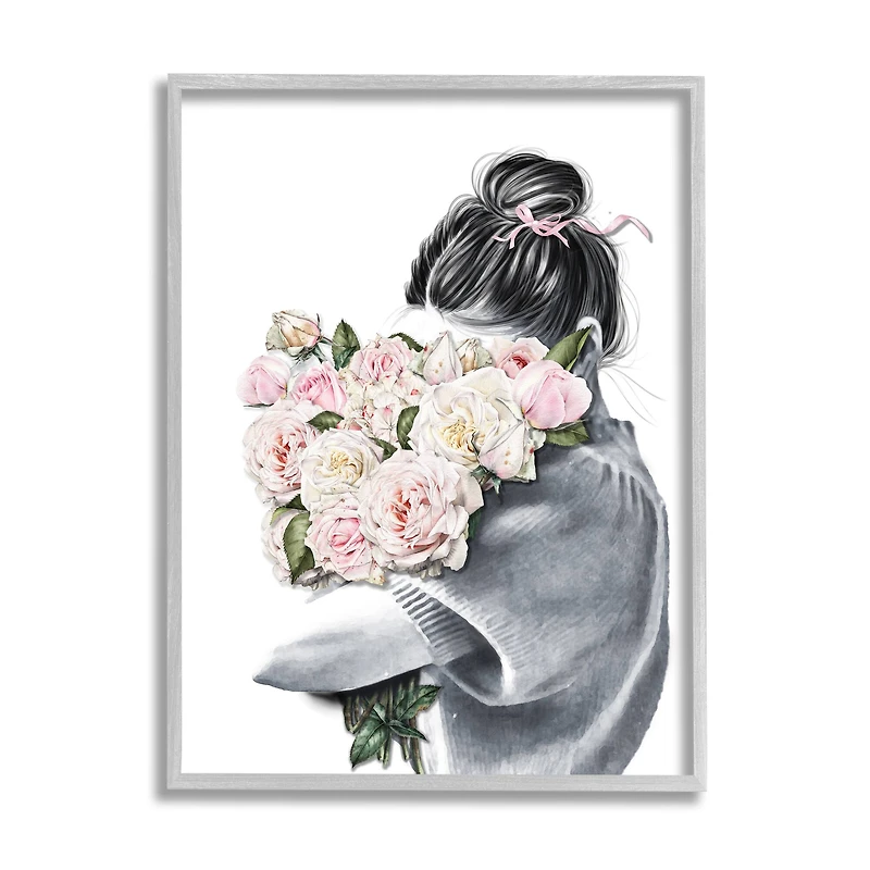 Stupell Industries Woman Smelling Bouquet Pink Pop Rose Florals in Frame Wall Art