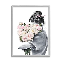 Stupell Industries Woman Smelling Bouquet Pink Pop Rose Florals in Frame Wall Art