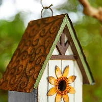 Glitzhome® 8.25" Distressed Metal Roof & Flower Wood Birdhouse