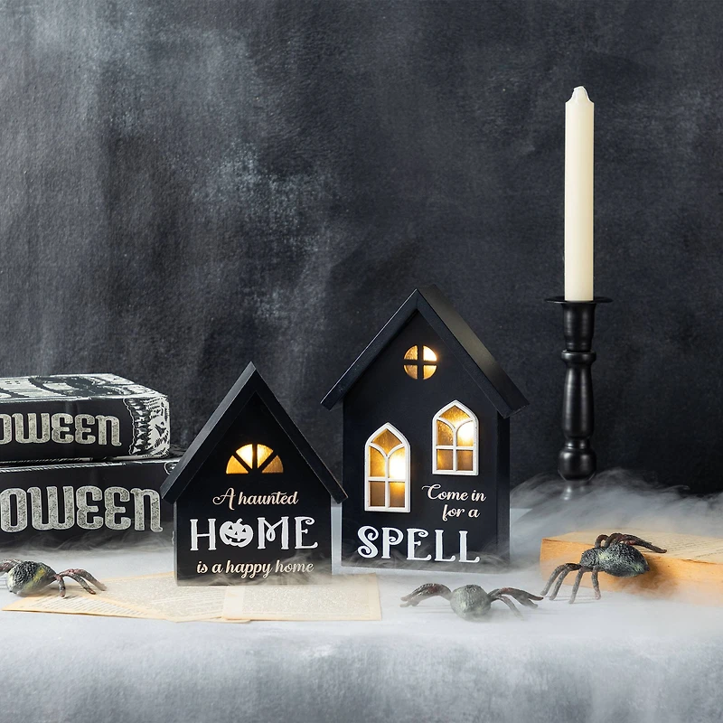 Glitzhome® 8"H Lighted Halloween Wooden House-shaped Table Decor Set