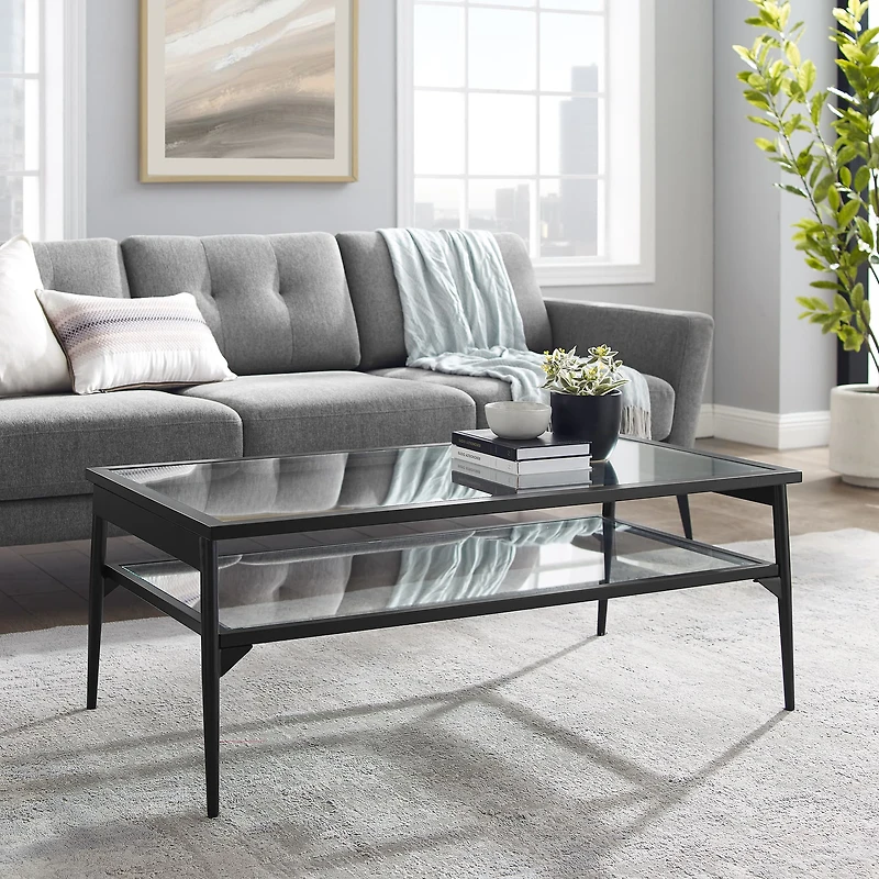 42" Black Two Tier Glass and Metal Coffee Table
