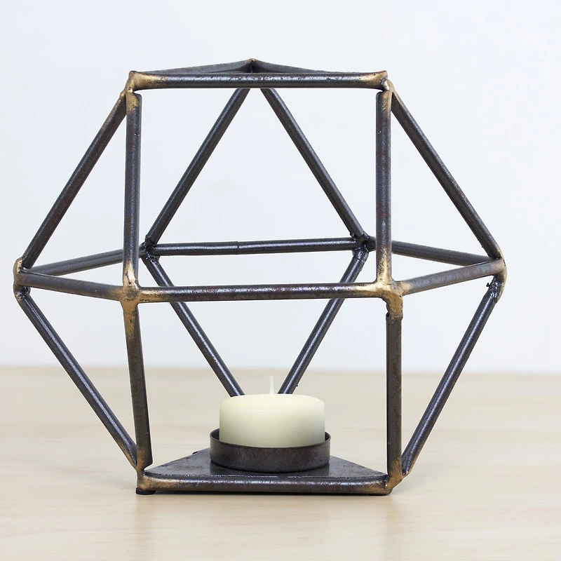 7.5" Dark Silver & Gold Geometric Metal Candle Holder
