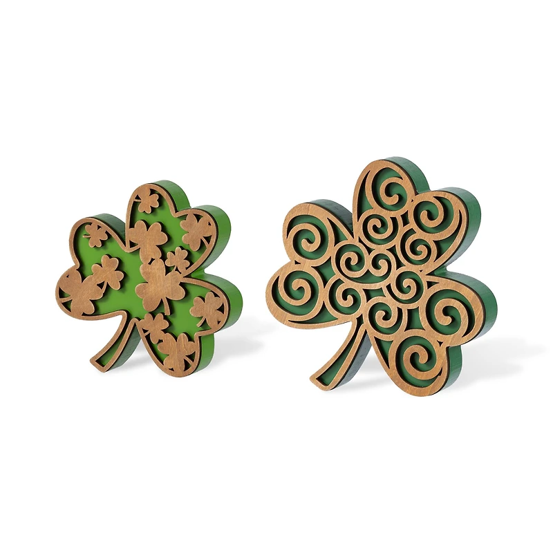 Glitzhome® Set of 2 St. Patrick's Wooden Shamrock Table Decor