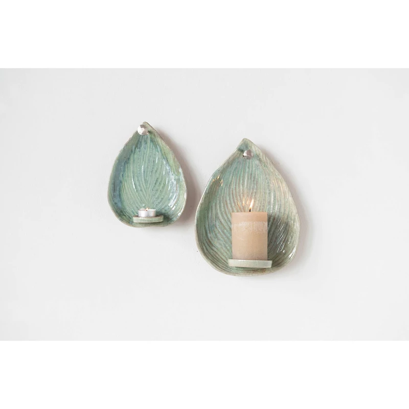Hello Honey® 12" Green Reactive Glaze Stoneware Leaf Candle Holder Wall Sconce