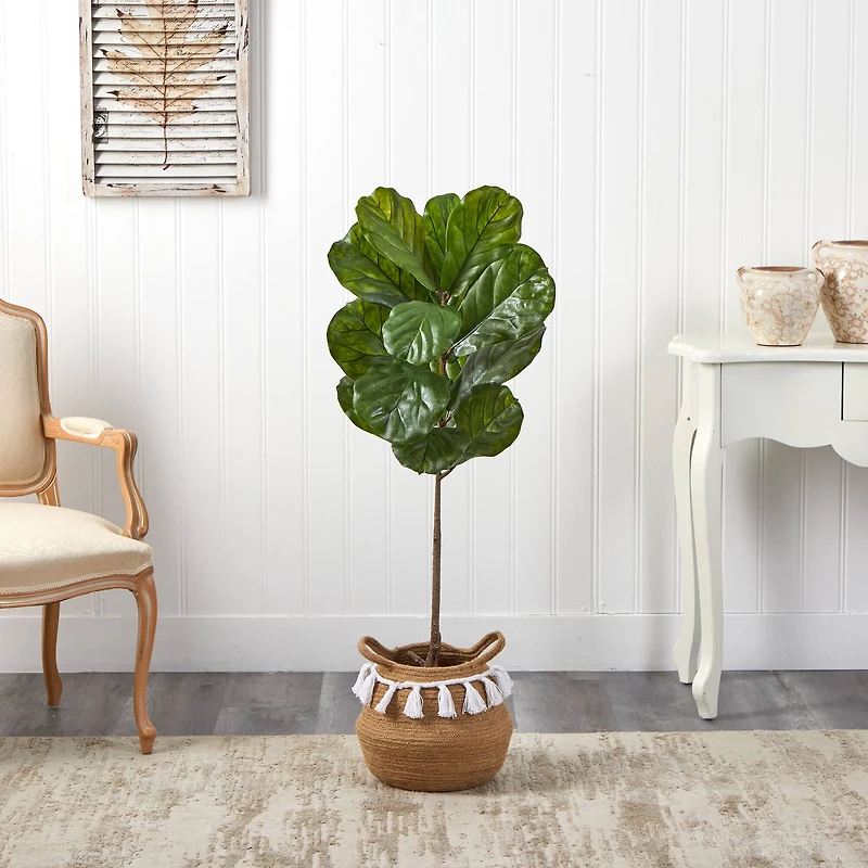 4ft. Fiddle Leaf Artificial Tree in Boho Chic Handmade Natural Cotton Woven Planter with Tassels UV Resistant (Indoor/Outdoor)