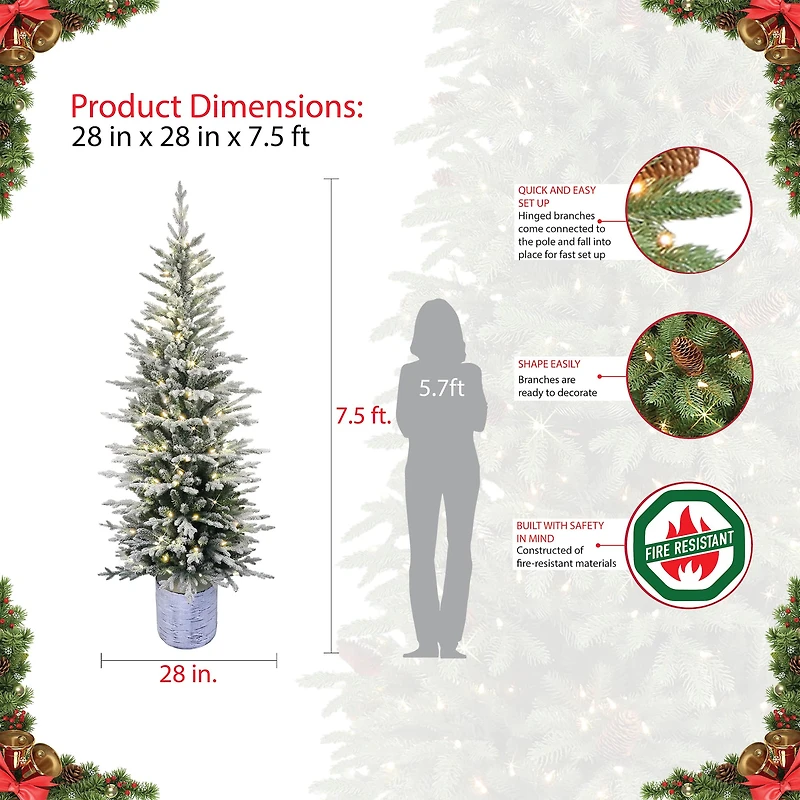 7.5ft. Pre-Lit Flocked Arctic Fir Pencil Artificial Christmas Tree, Warm White LED Lights