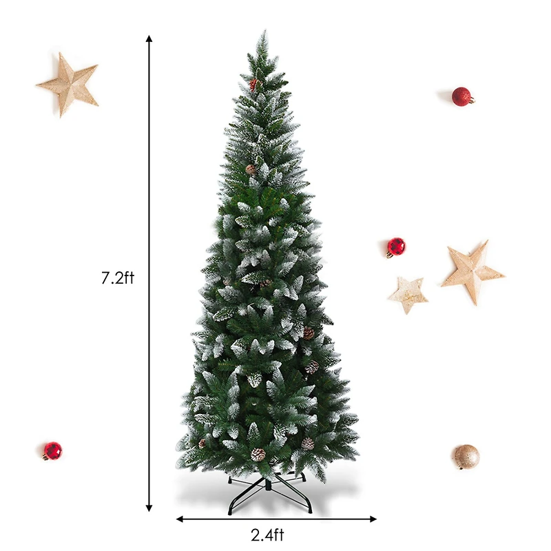 Costway 7.5ft. Snow Flocked Pencil Hinged Christmas Tree with Pinecones